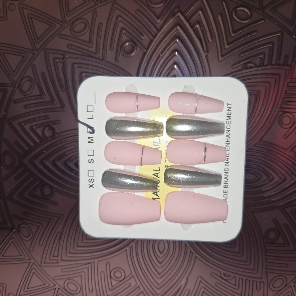 Pink & Silver handmade press on nails set